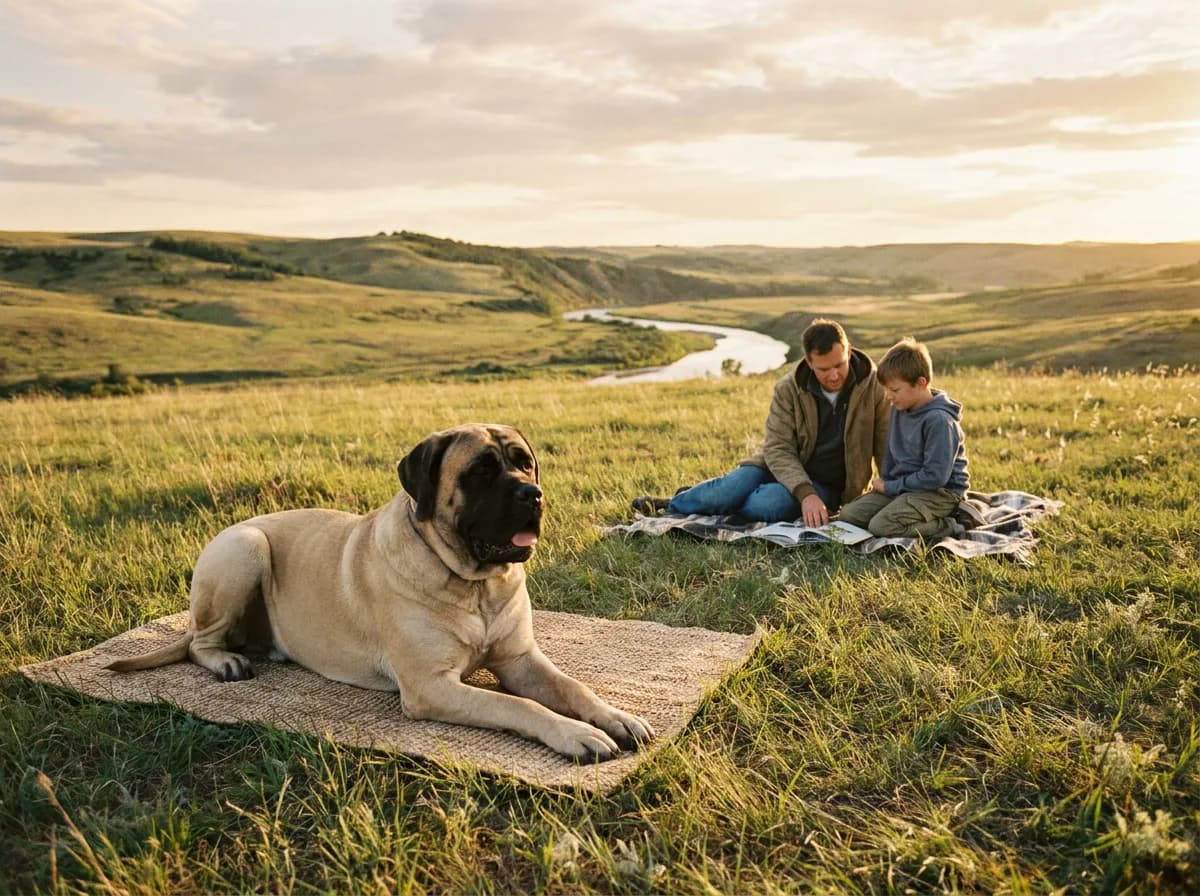 Fawn Mastiff resting on its own mat while an adult and child sit farther away outdoors.