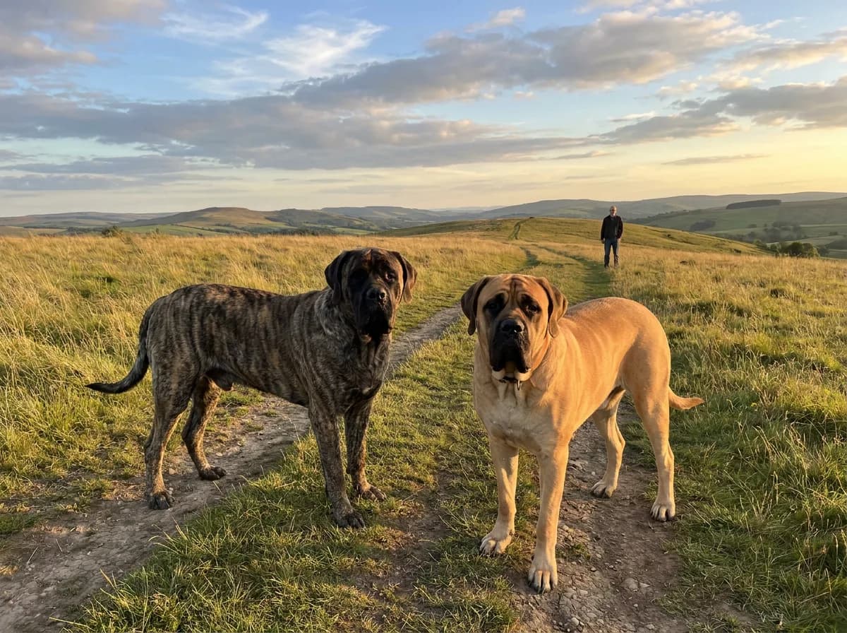 Brindle Mastiff beside an apricot-colored Mastiff on a hillside path.