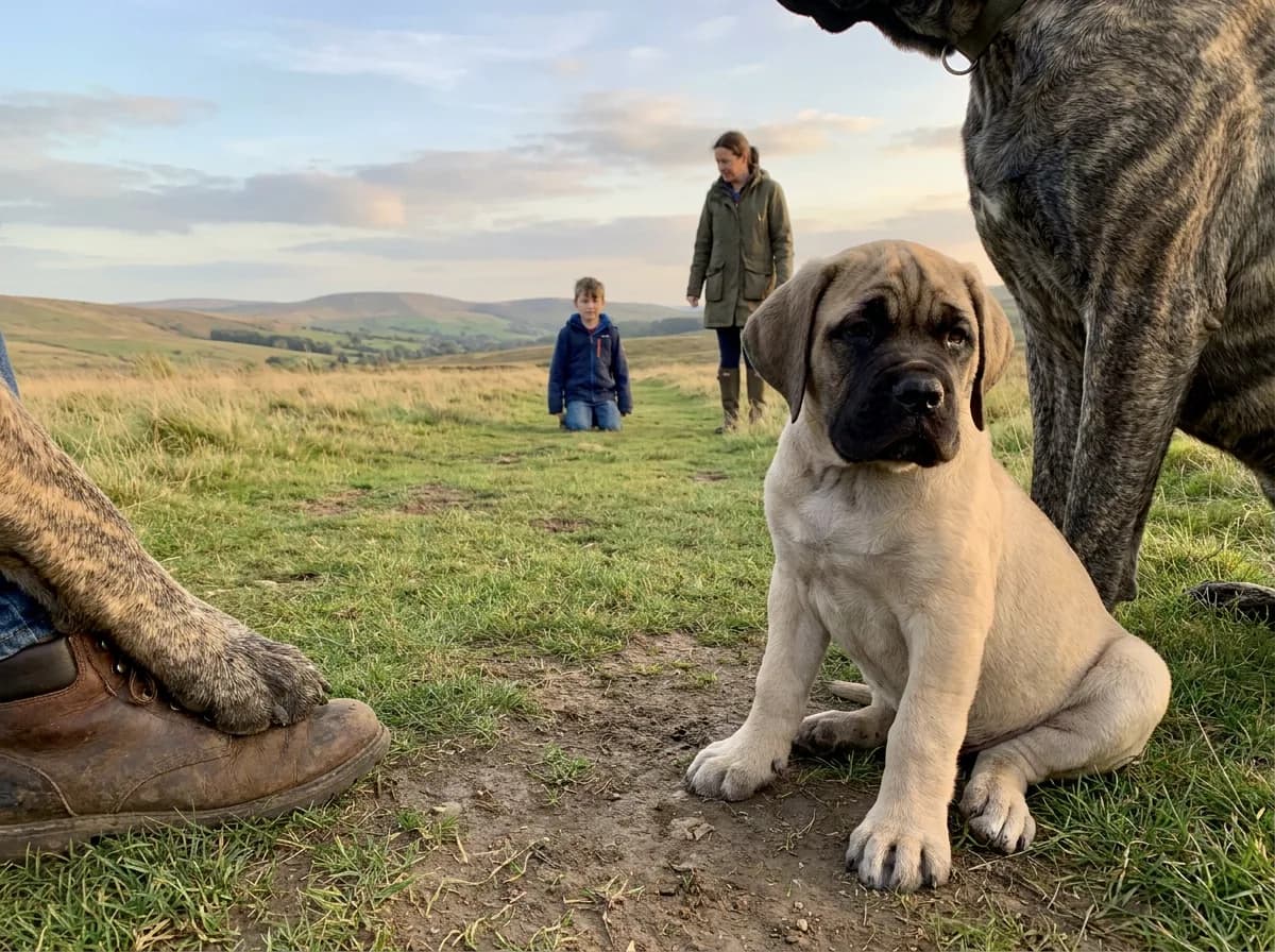 Fawn Mastiff puppy sitting beside the legs of a larger brindle dog.