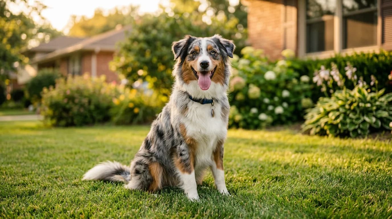 A friendly medium-sized Australian Shepherd sitting on a grassy suburban lawn in golden late-afternoon light, alert and looking at the camera, tongue