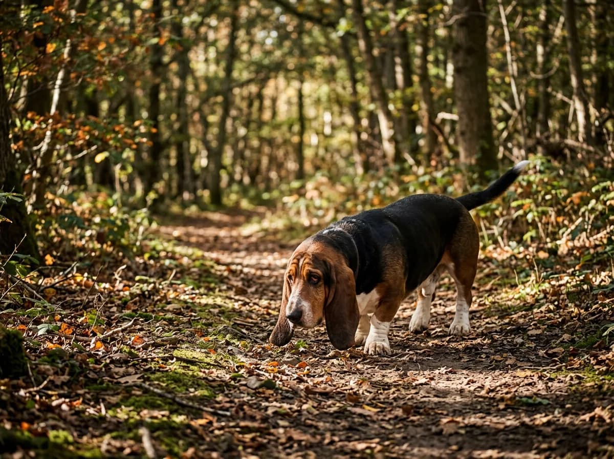 A tricolor Basset Hound walking slowly on a trail, long ears nearly touching the ground, droopy soulful eyes, dappled shade