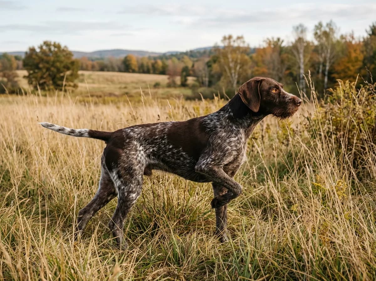 A liver-and-white ticked German Shorthaired Pointer standing on point in a field of tall grass, one front paw raised, tail level, focused gaze