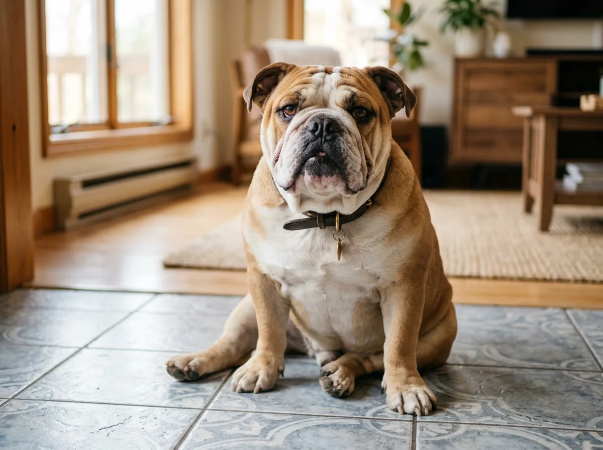 An English Bulldog sitting on a cool tile floor indoors, wrinkled face, wide stance, relaxed and content, soft indoor light