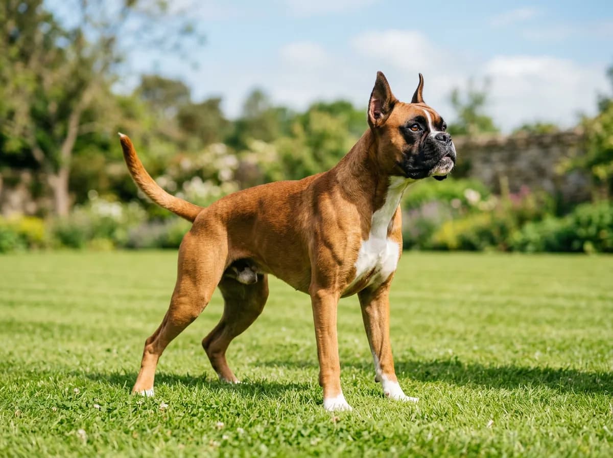 A fawn Boxer with a black mask standing alert on a lawn, muscular build, playful bouncy posture, bright daylight
