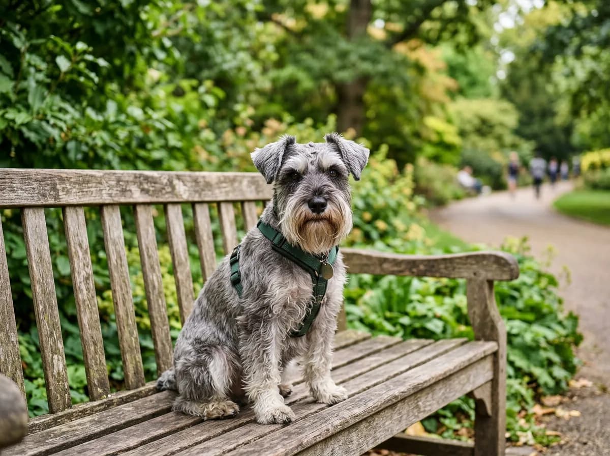A salt-and-pepper Miniature Schnauzer sitting on a park bench with a bushy beard and eyebrows, bright inquisitive eyes, city greenery behind