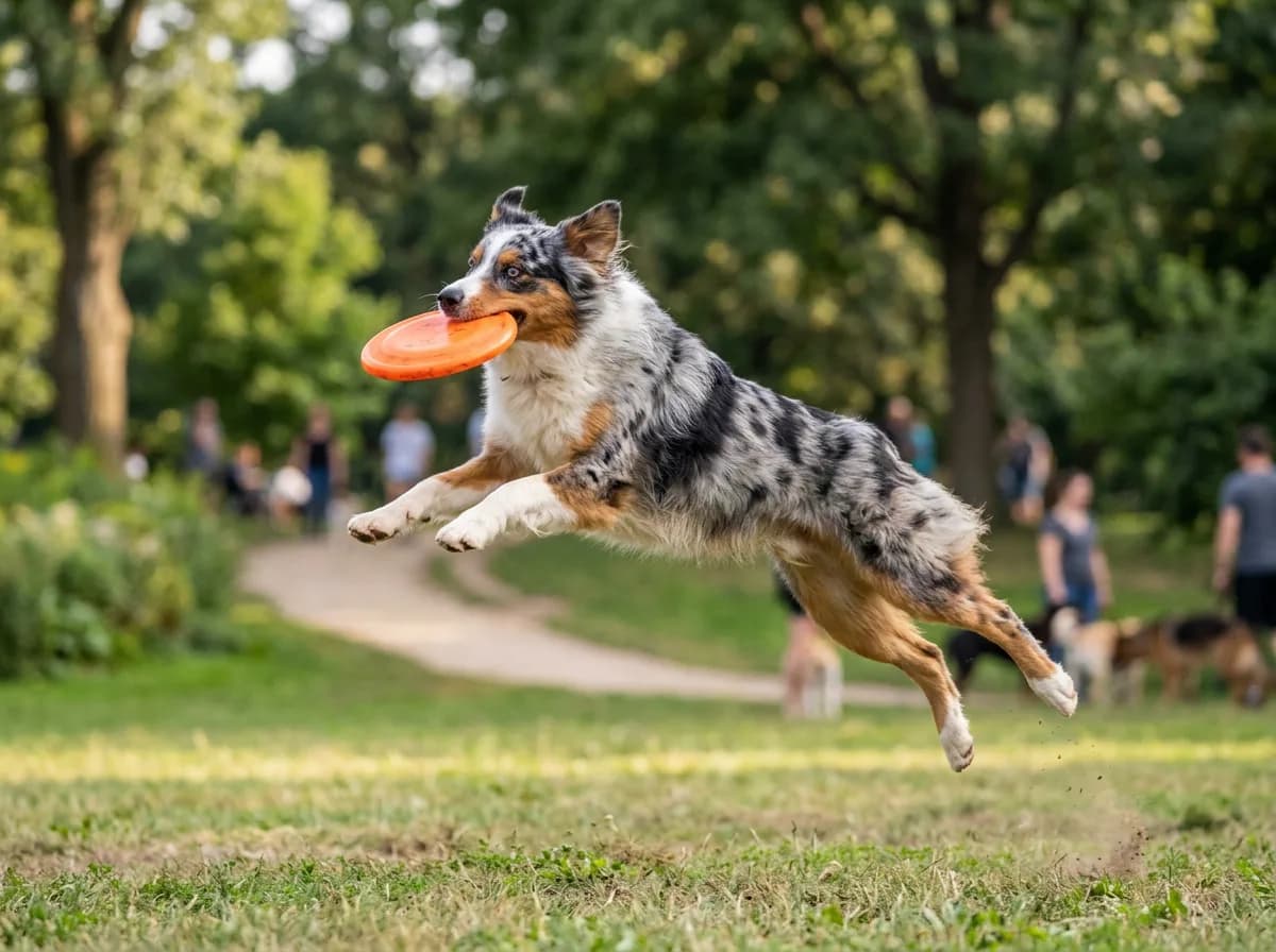 A blue merle Australian Shepherd mid-leap catching a flying disc in a park, athletic and focused, motion frozen