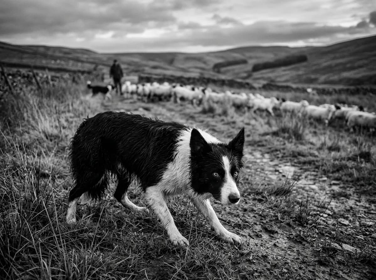 A black and white Border Collie crouched in a herding stance staring intently forward, ears up, on a farm field
