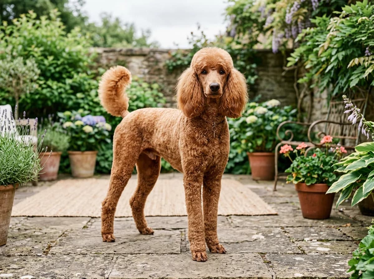 An apricot Standard Poodle standing in a neatly trimmed sport cut on a patio, elegant posture, intelligent expression