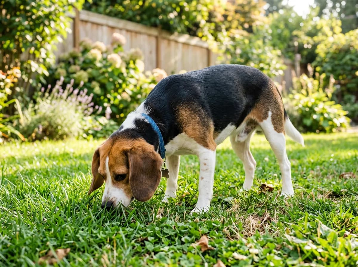A tricolor Beagle standing in a backyard with nose down mid-sniff, ears hanging forward, sunny day