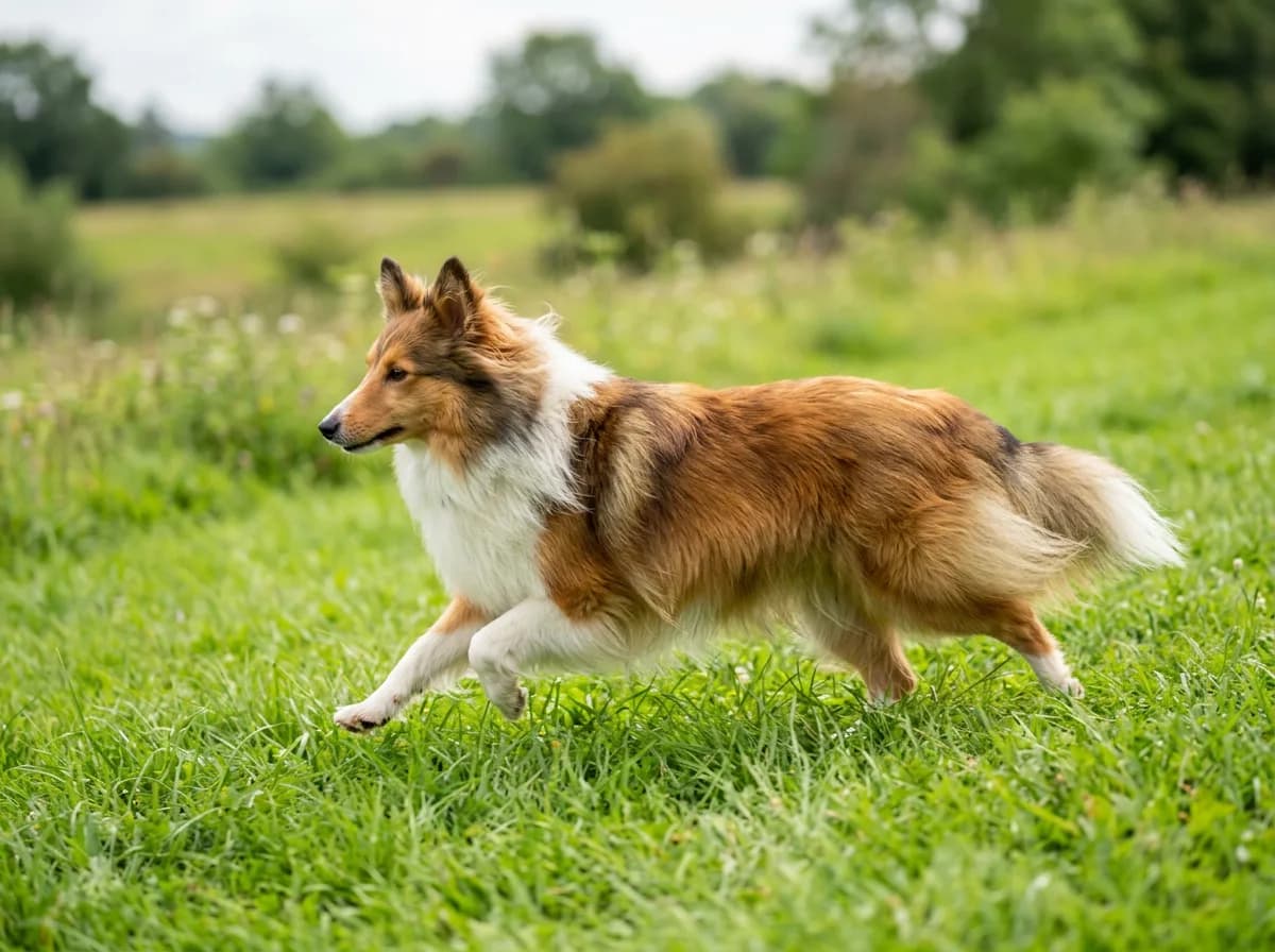 A sable and white Shetland Sheepdog trotting across green grass, long coat flowing, bright eyes, side profile