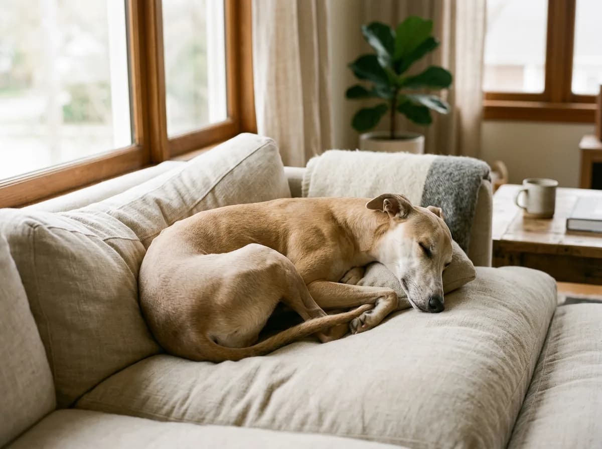 A fawn Whippet lying curled on a soft couch cushion, slender build, calm relaxed expression, indoor natural window light