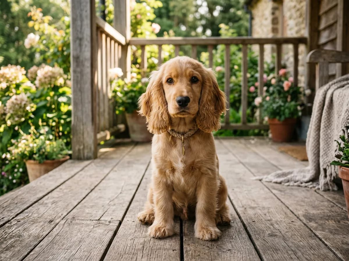 A golden Cocker Spaniel puppy sitting on a wooden porch, long feathered ears, soft expression, warm morning light