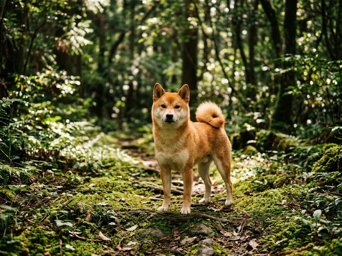 A red Shiba Inu standing on a mossy path with a curled tail and fox-like face, alert upright ears, dappled forest light