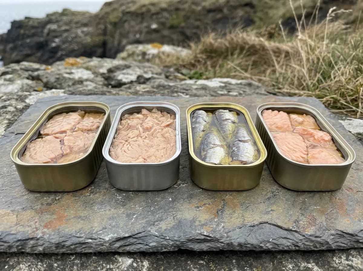 Open tins of albacore tuna, light tuna, sardines and salmon arranged in a row on a slate board