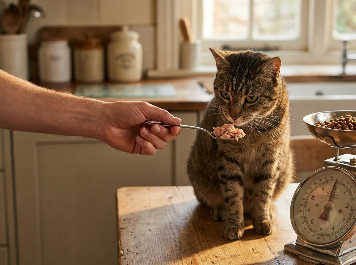 Teaspoon of flaked tuna being offered to a seated tabby cat beside a kitchen scale