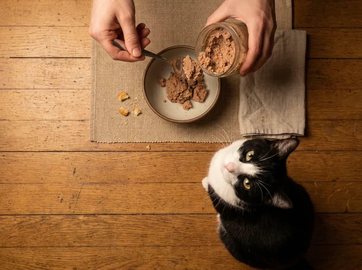 Chicken pate being spooned into a bowl while a black and white cat waits on the floor