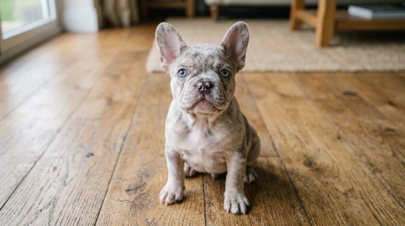 A lilac merle French Bulldog puppy with pale blue eyes and a mottled gray-and-cream marbled coat sitting on a wood floor, looking up at the camera