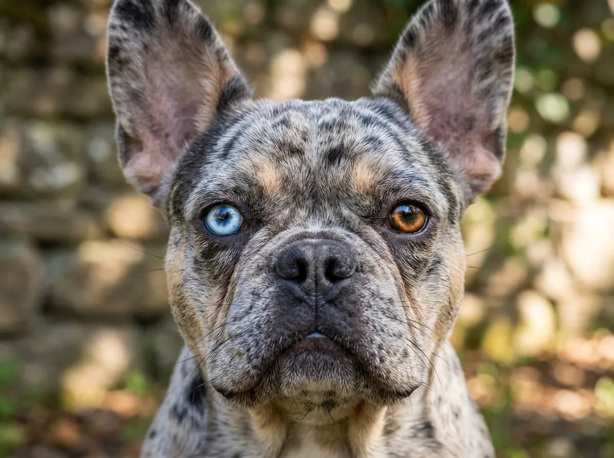 Close-up of a blue merle French Bulldog's face showing heterochromia with one blue eye and one brown eye against a dappled gray coat