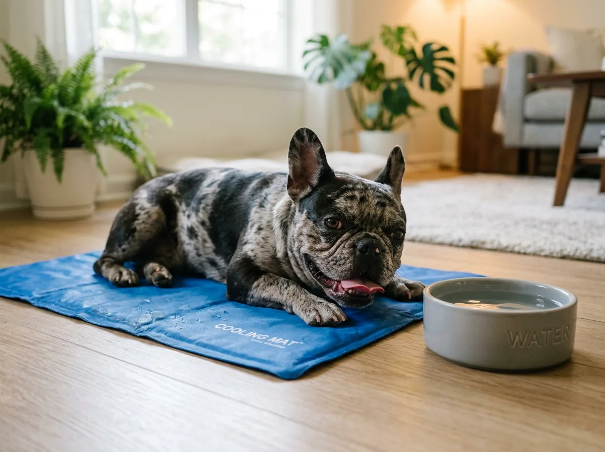 A merle French Bulldog resting on a cooling mat indoors next to a bowl of water, mouth slightly open, illustrating heat sensitivity in flat-faced dogs