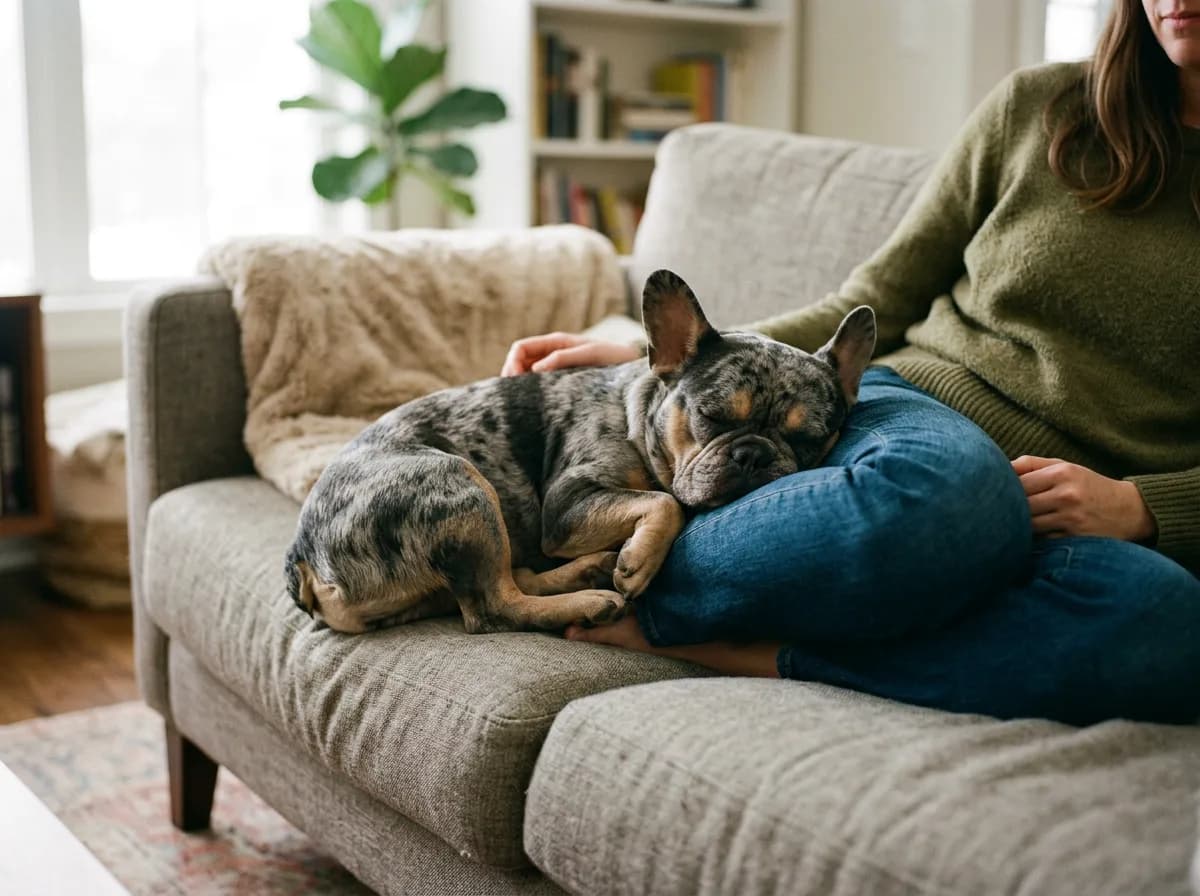 A blue merle French Bulldog curled up asleep against its owner's leg on a couch, illustrating the breed's companion temperament
