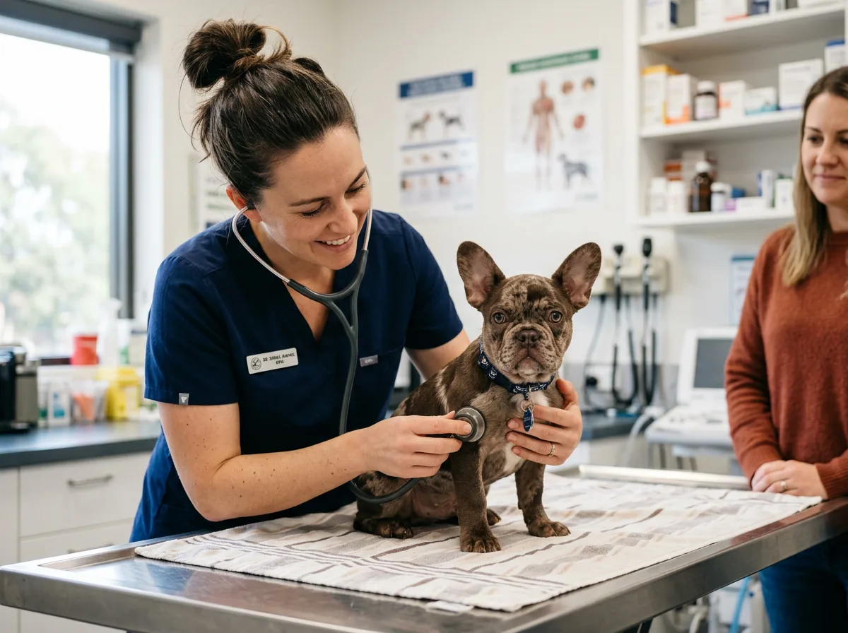 A chocolate merle French Bulldog puppy being examined by a veterinarian with a stethoscope in a clinic, representing pre-purchase health screening