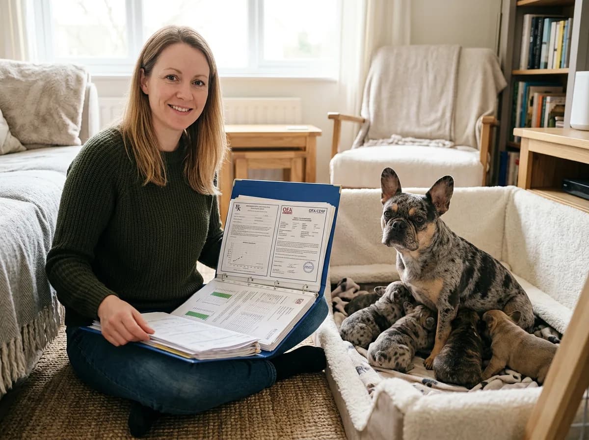 A responsible breeder showing a folder of DNA and health-testing paperwork beside a merle French Bulldog and her litter in a clean home setting