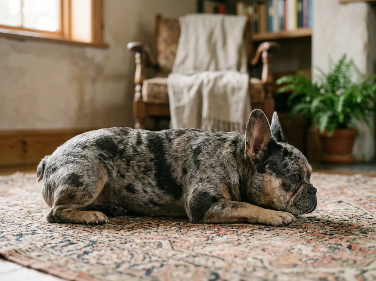 a merle-coated French Bulldog with mottled patches
