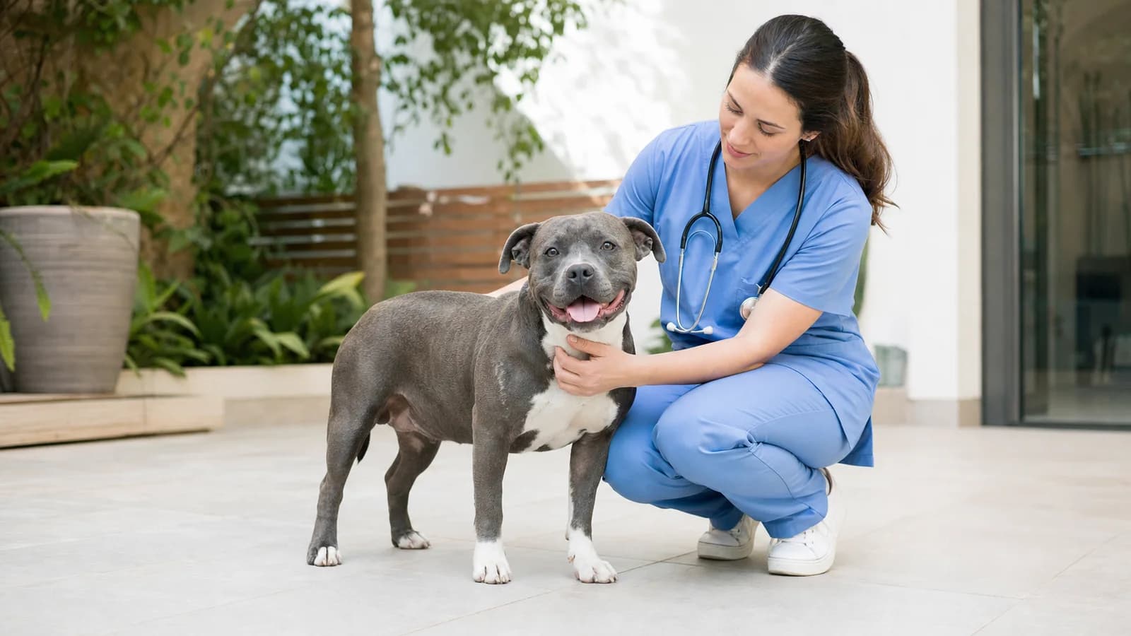 Compact adult bully-type dog with moderate proportions standing naturally in a veterinary courtyard