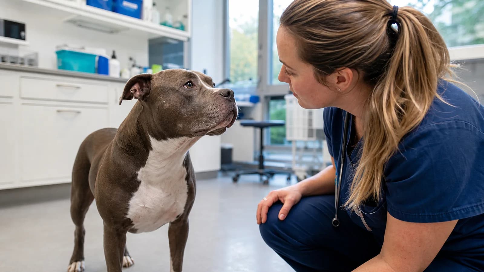 Veterinarian calmly observing nostril openness and resting breathing on a compact bully-type dog