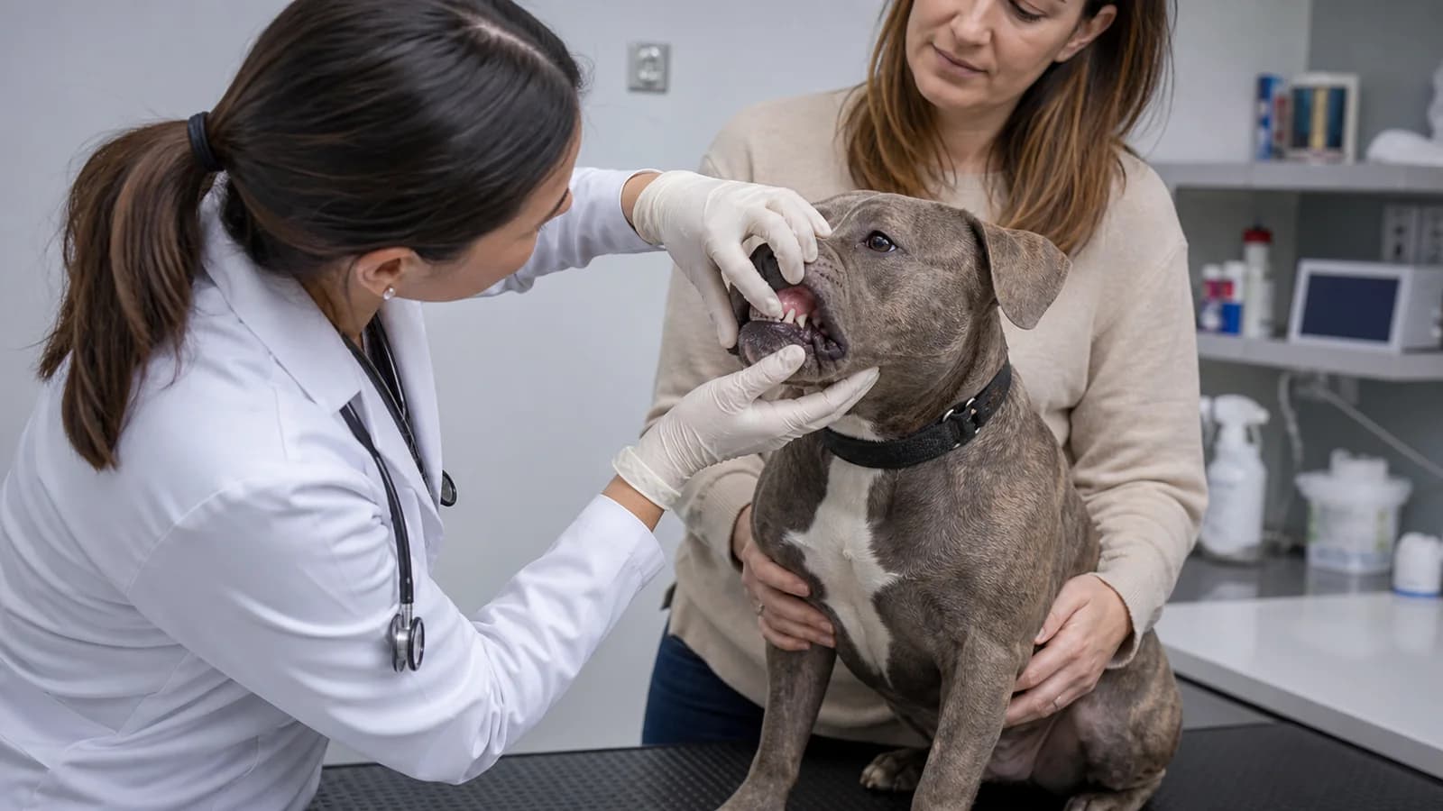 Gentle veterinary oral examination of a calm compact bully-type dog