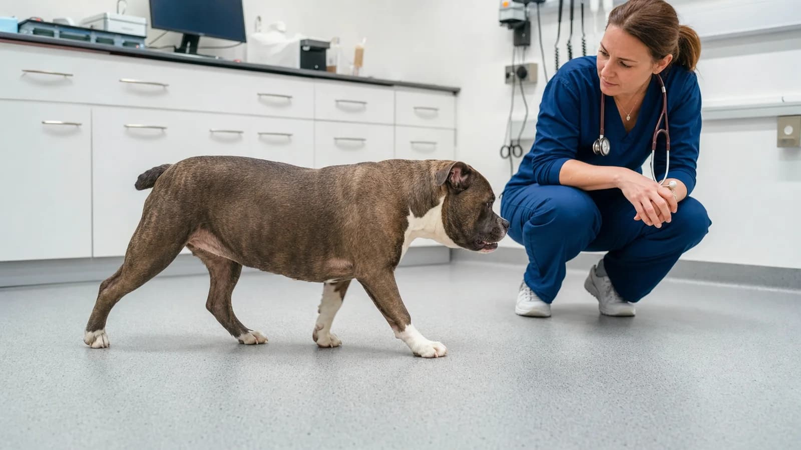 Side-view veterinary gait assessment of a compact bully-type dog on level ground with all limbs visible