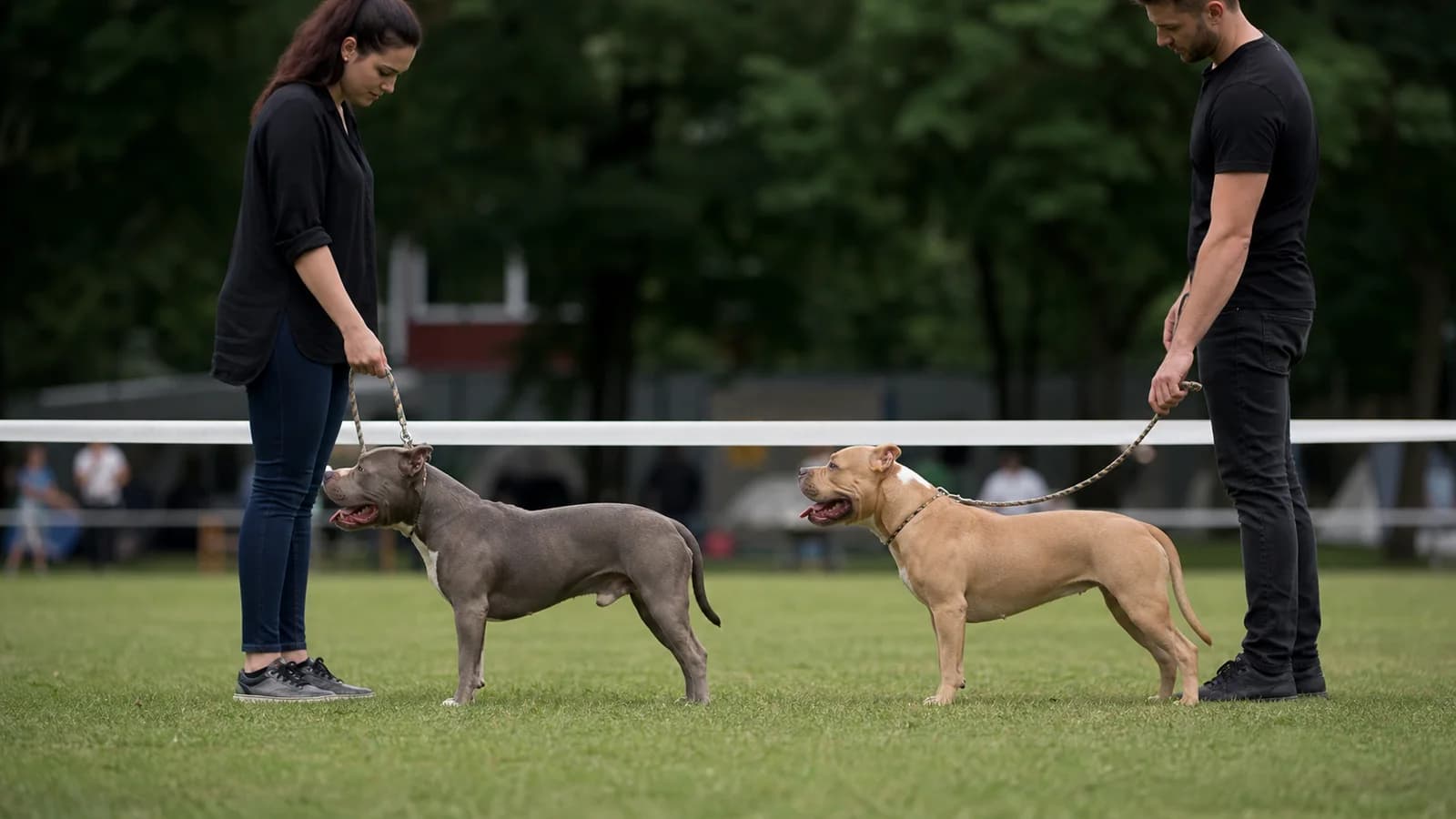 Two healthy compact bully-type adult dogs of different heights standing at the same scale