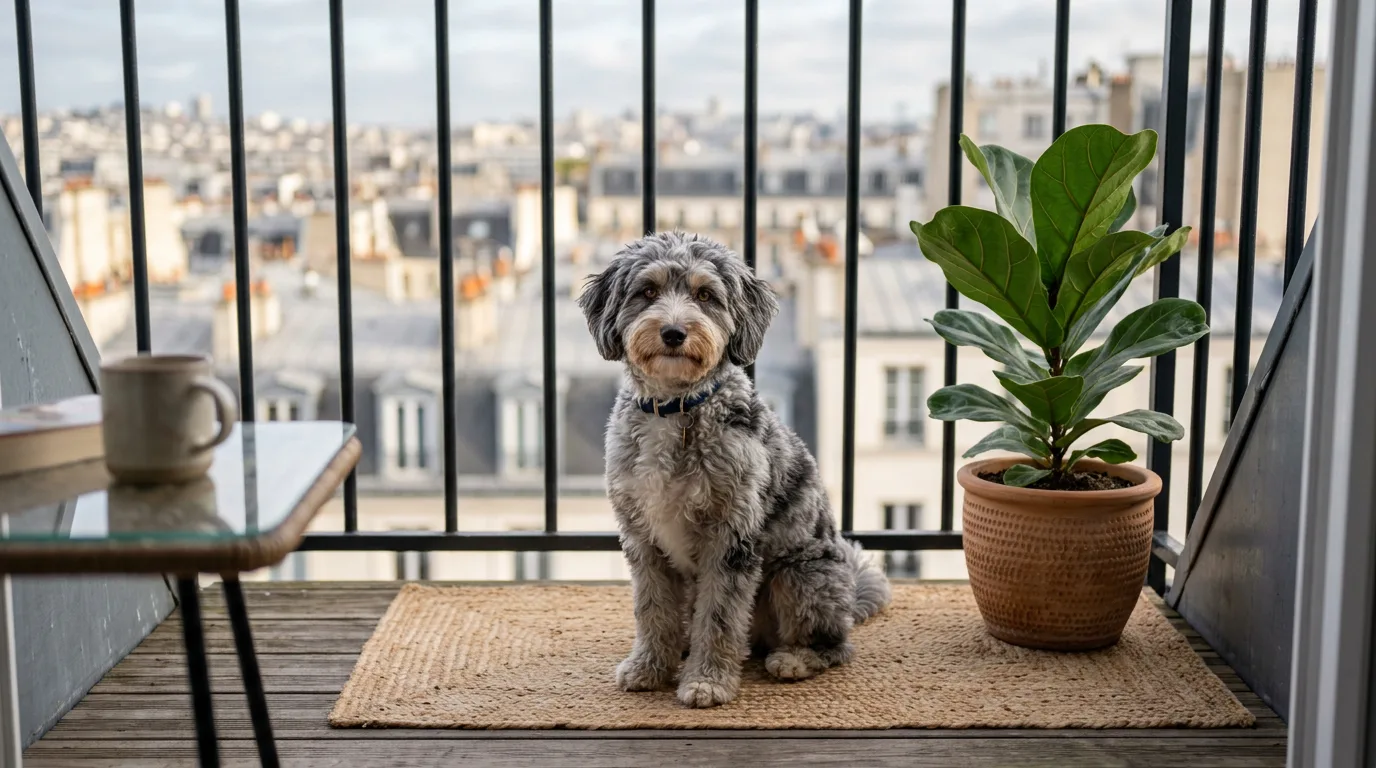 Small grey merle dog sitting on a jute mat on a city balcony above rooftops