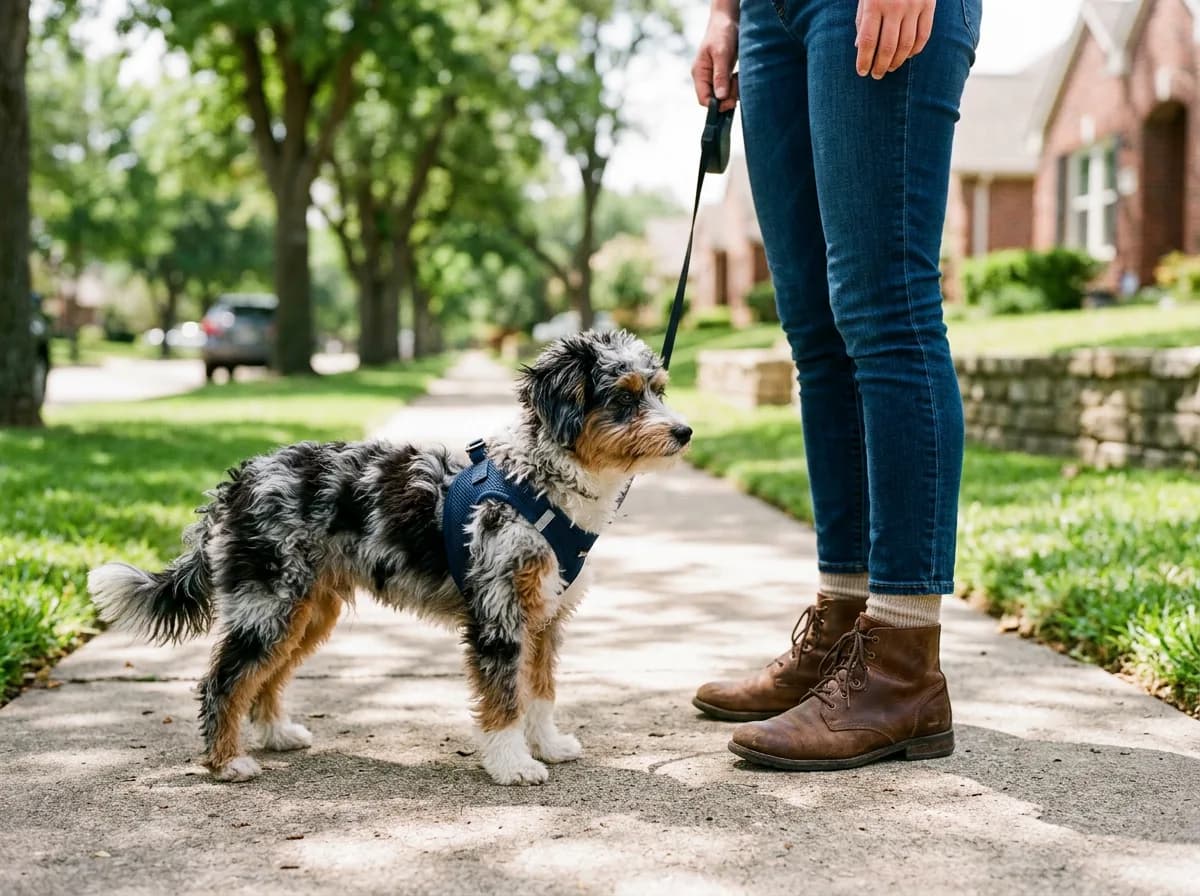 Small blue merle Aussiedoodle in a navy harness standing on a sidewalk beside its owner's boots