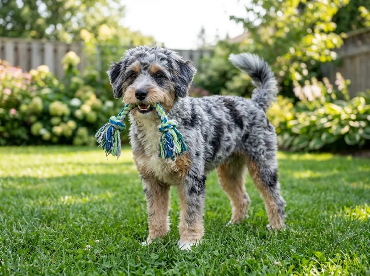 A small blue merle mini Aussiedoodle standing on grass holding a knotted rope toy
