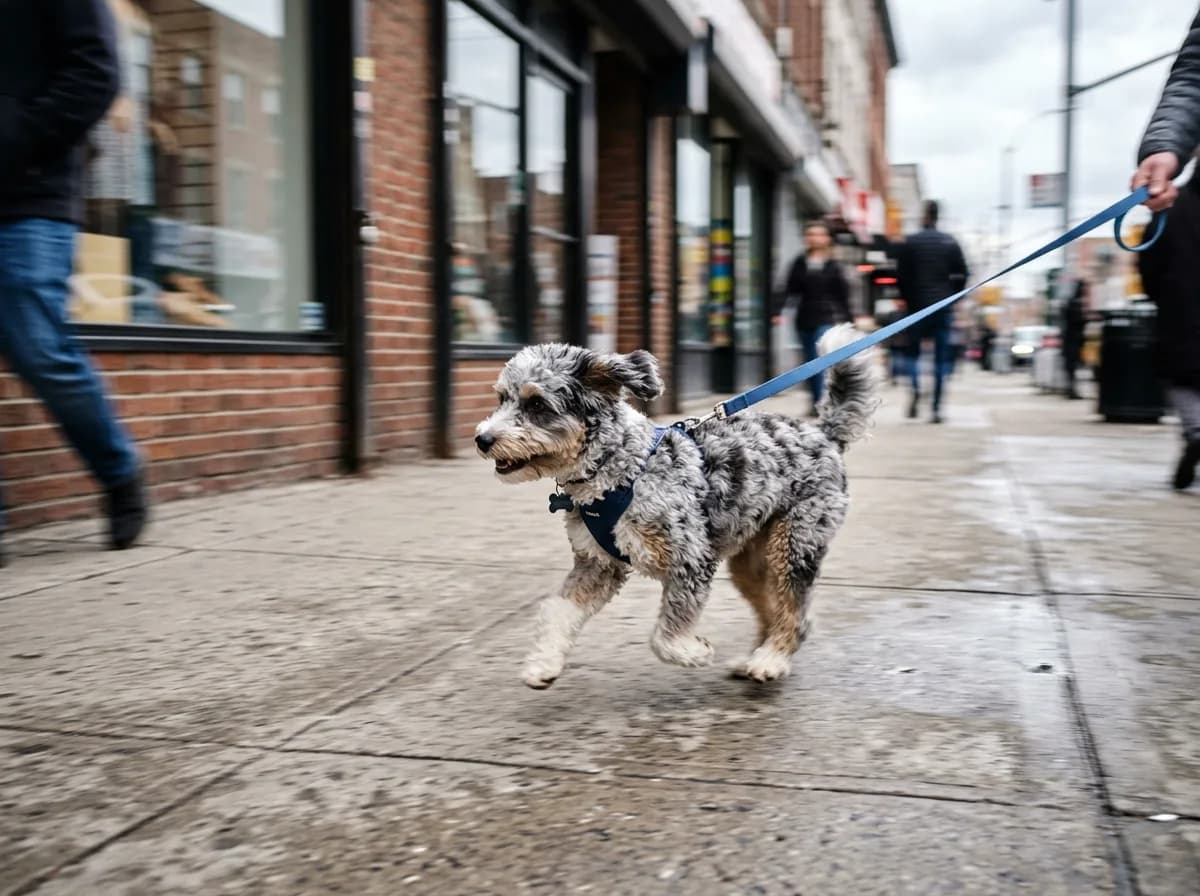 Small grey merle dog trotting on a leash along a wet city sidewalk past shopfronts