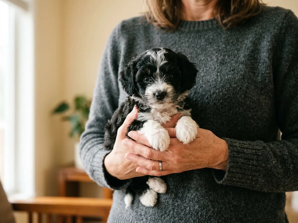 Black and white puppy held in a woman's hands against her grey knit sweater indoors