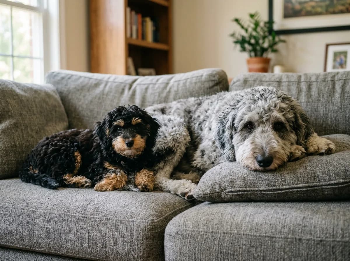 Small black and tan Aussiedoodle lying beside a much larger grey merle Aussiedoodle on a grey sofa