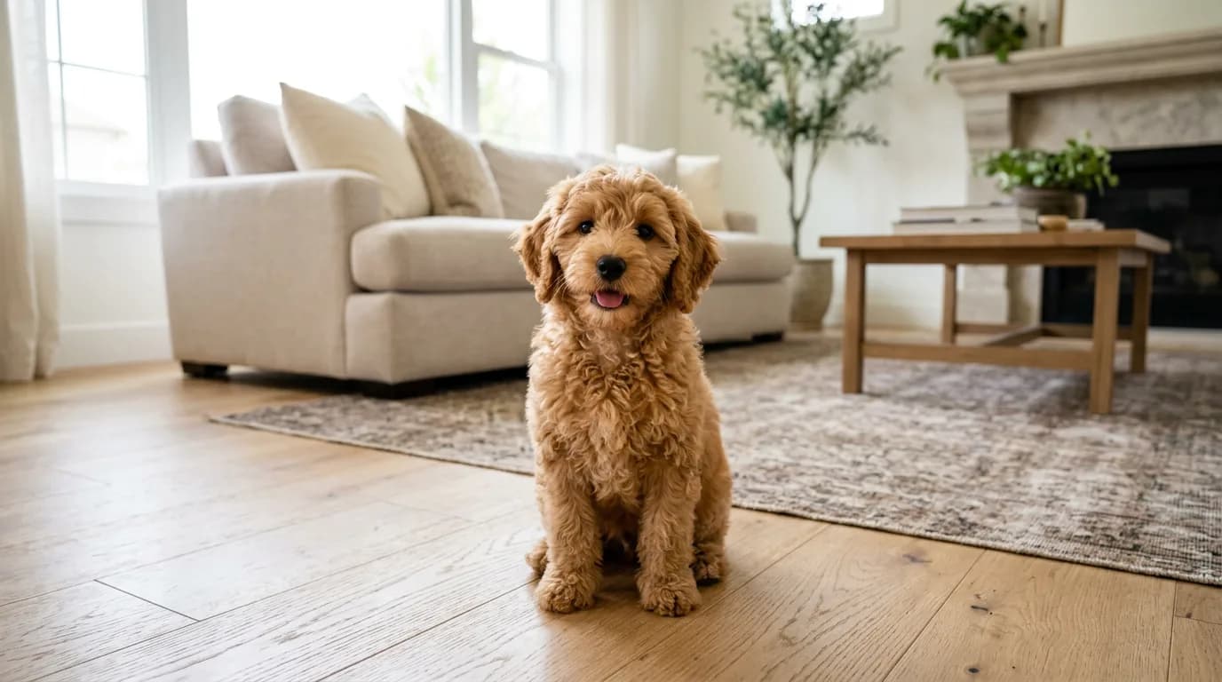 apricot mini Goldendoodle sitting on a light hardwood floor in a bright living room, looking up at the camera