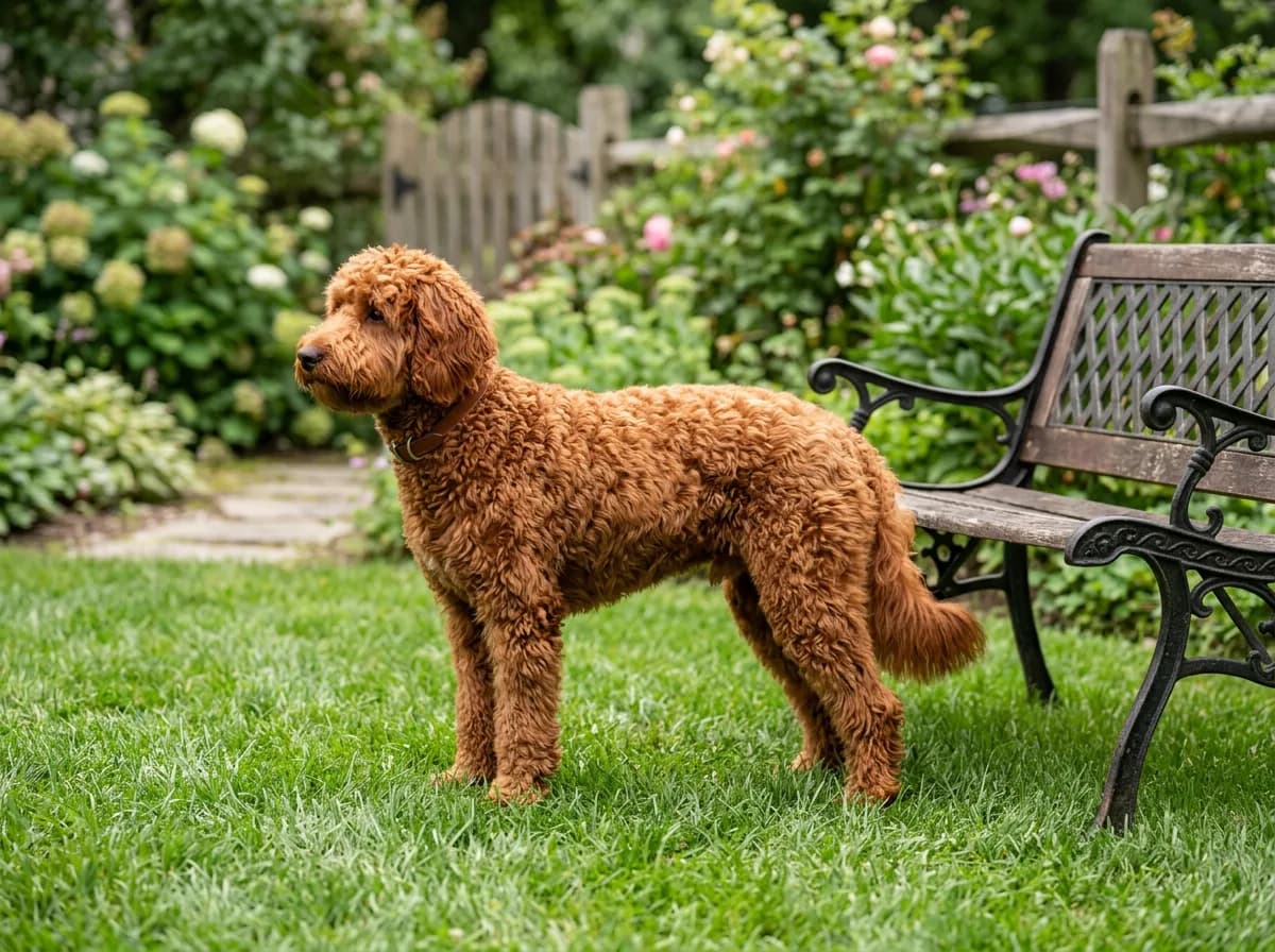 full-grown red mini Goldendoodle standing on green grass in a backyard, side profile showing body size next to a garden bench