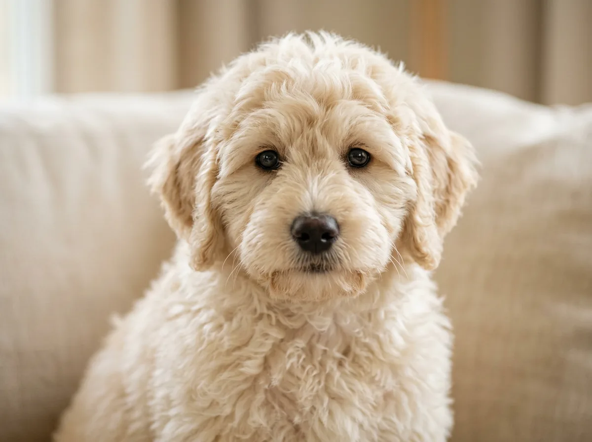cream teddy bear cut mini Goldendoodle puppy with a rounded fluffy face, close-up portrait against a soft neutral background