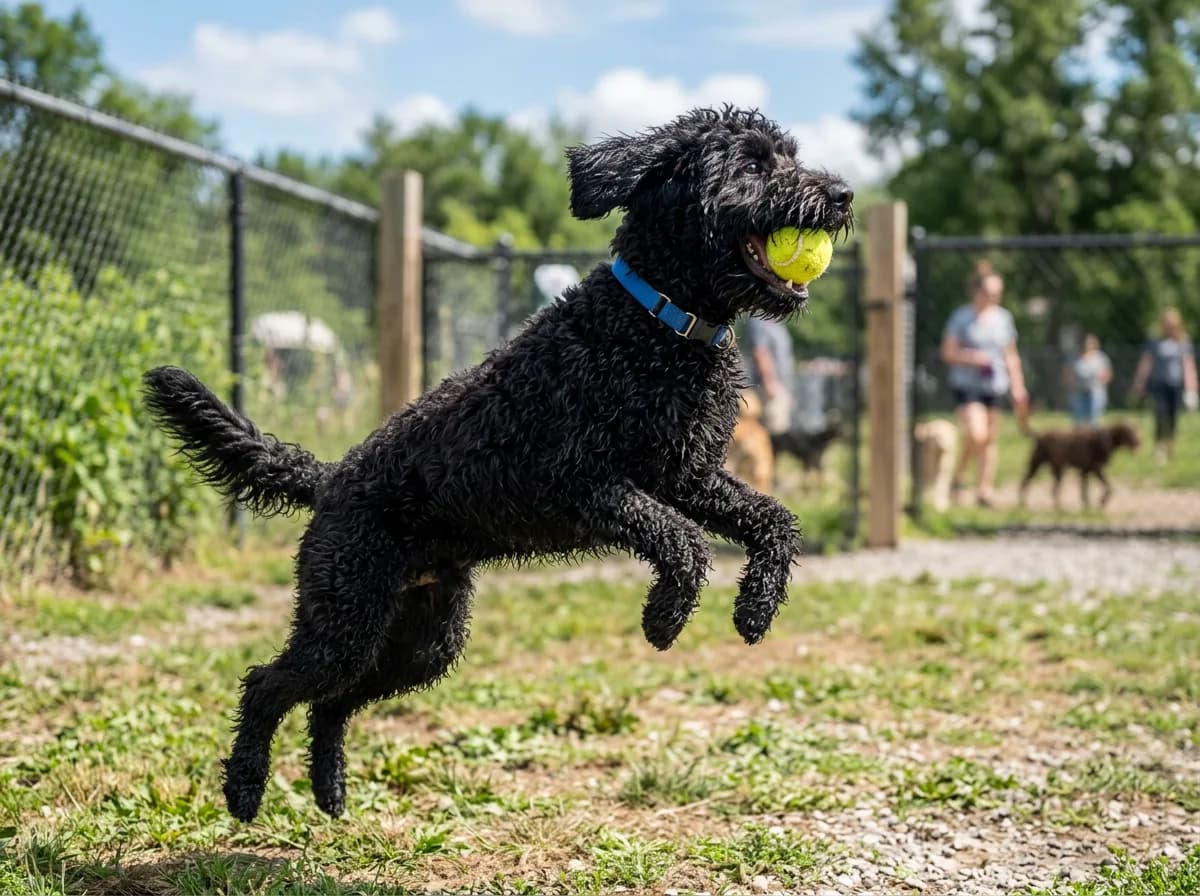 black mini Goldendoodle mid-leap catching a ball at a fenced dog park on a sunny day