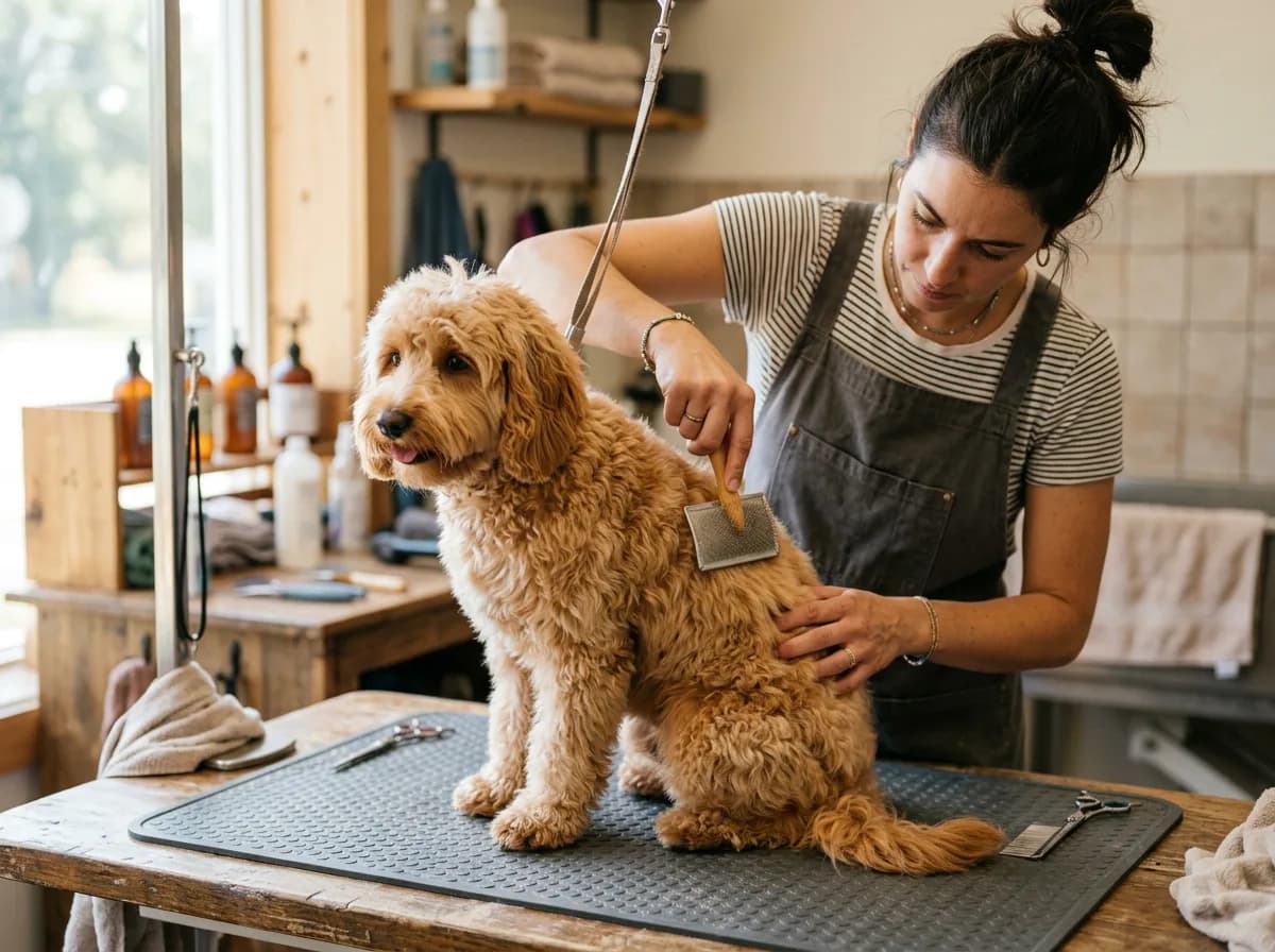 mini Goldendoodle being brushed on a grooming table, groomer's hands working a slicker brush through a wavy apricot coat