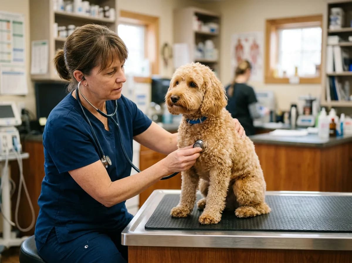 veterinarian examining a calm adult mini Goldendoodle on a clinic exam table with a stethoscope