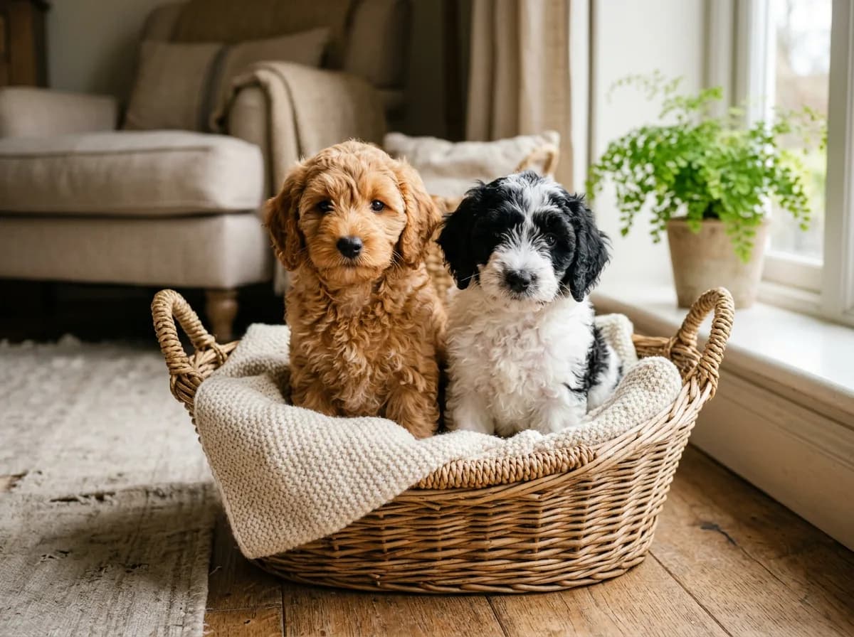 two mini Goldendoodle puppies of different colors, one apricot and one parti black-and-white, sitting together in a wicker basket
