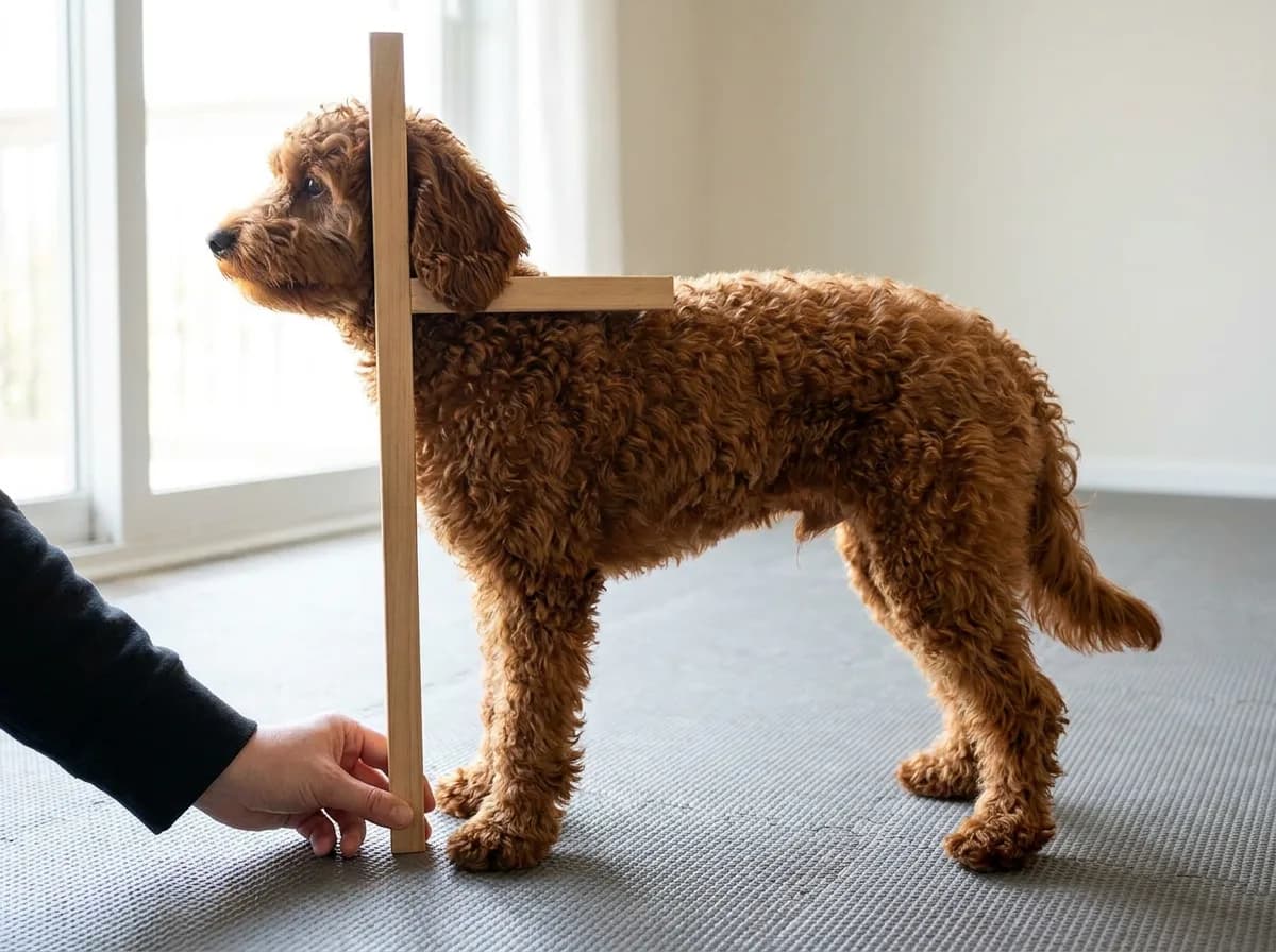Small red doodle standing beneath a floor-supported shoulder-height wicket