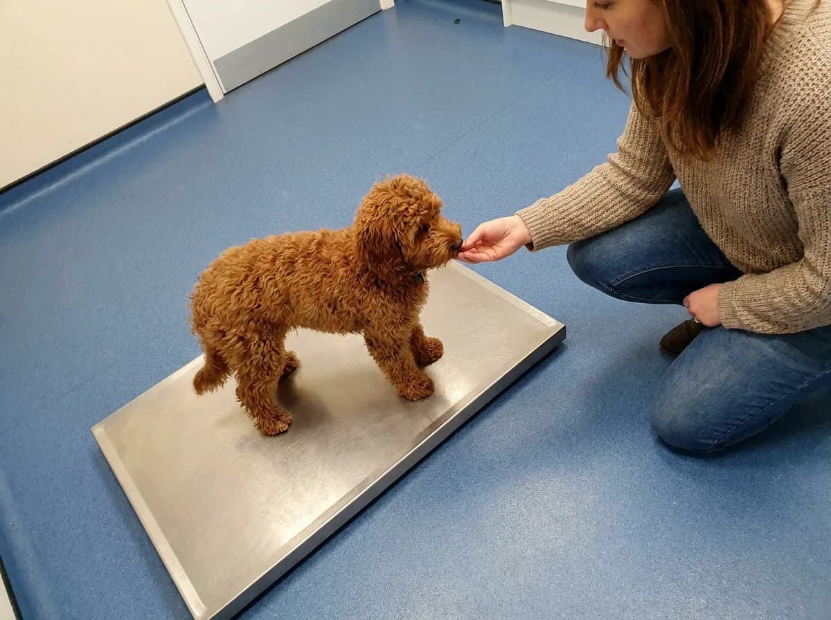 Puppy receiving a reward on a veterinary scale