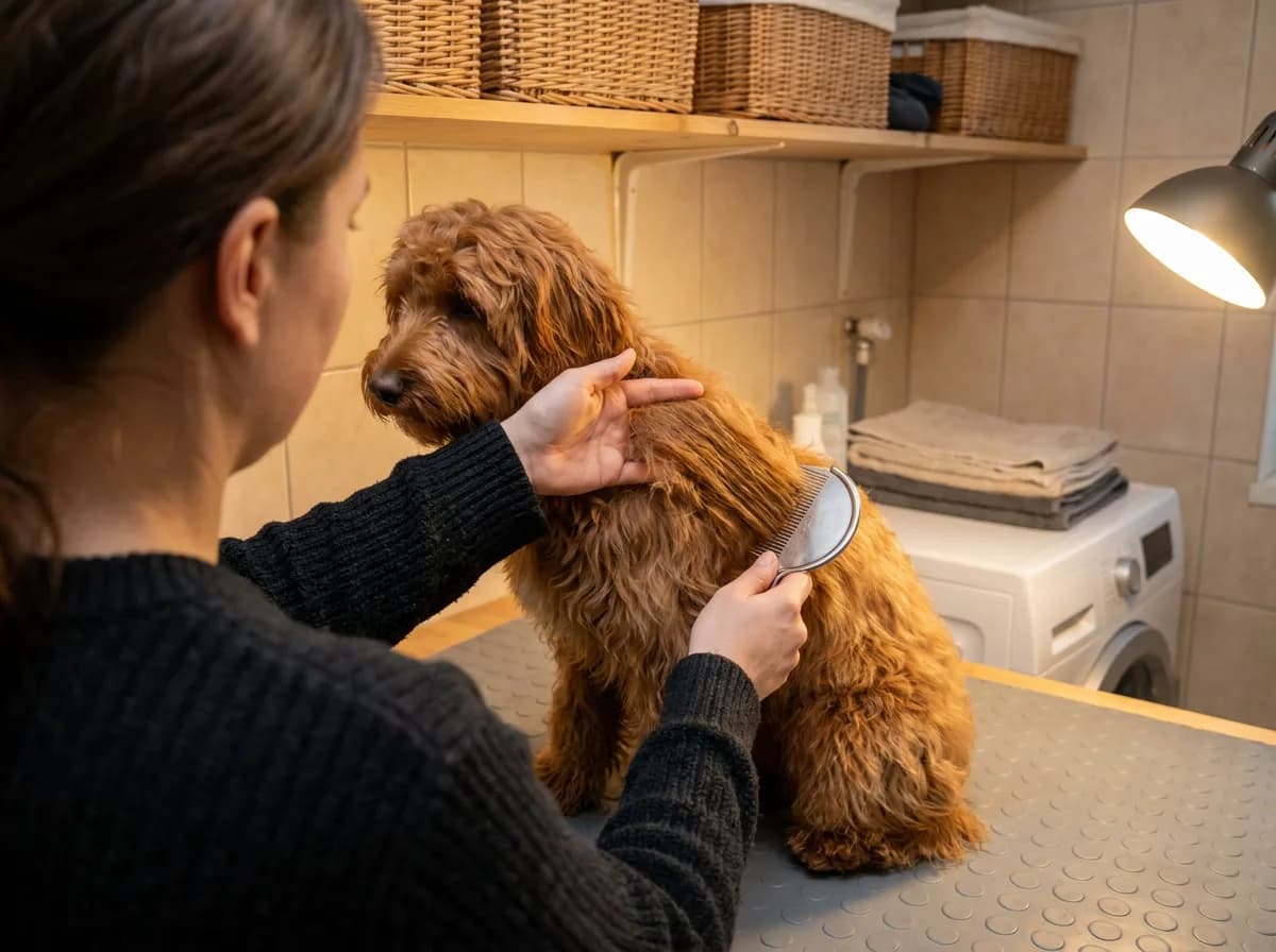 Caregiver brushing a red curly-coated doodle
