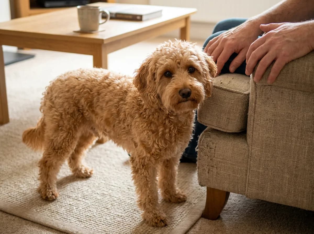 Small apricot curly-coated dog standing beside a sofa with a person nearby.