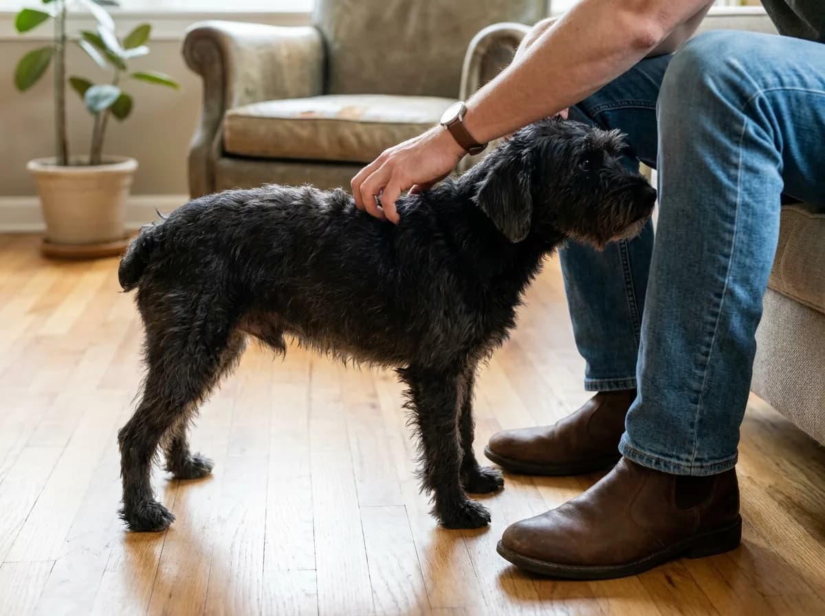 Small black wavy-coated dog standing beside a seated person indoors.